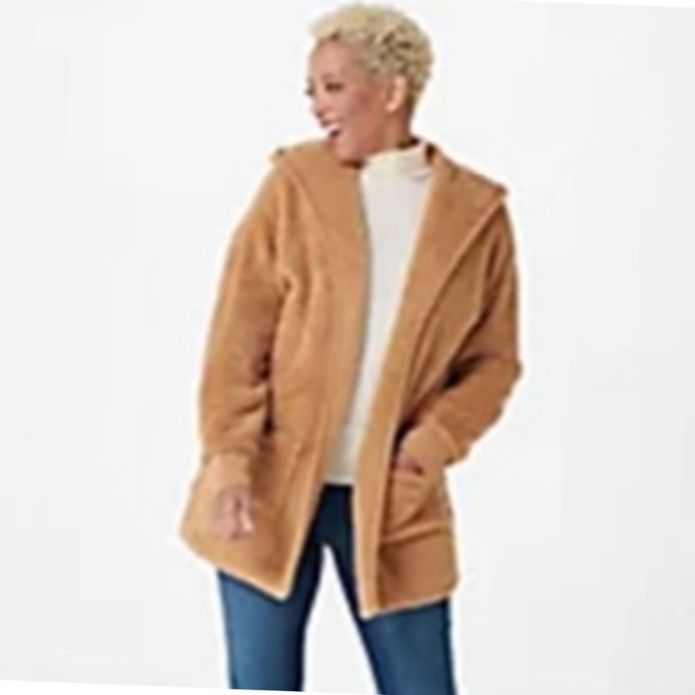 NWT KOOLABURRA by UGG Soft Shaggy Plush Cardigan Tan 3X Long Sleeves w/hood.